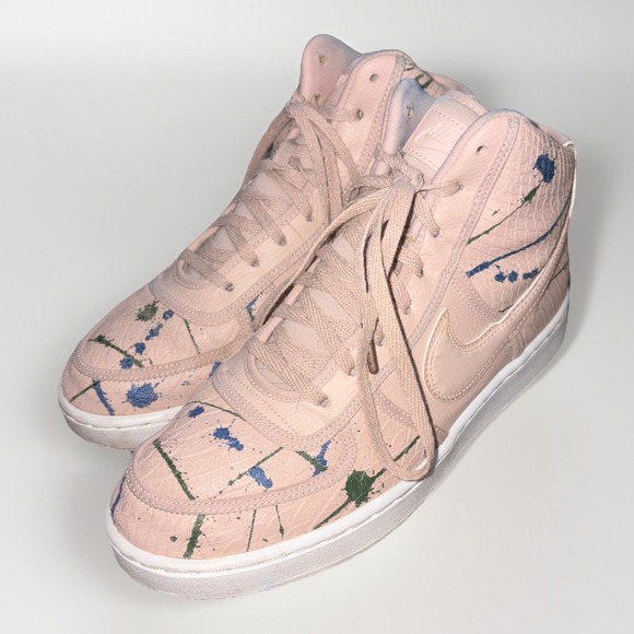 Nike Shoes - Nike Women's Pale Pink High-Top Sneakers with Blue and Green Paint Splatters